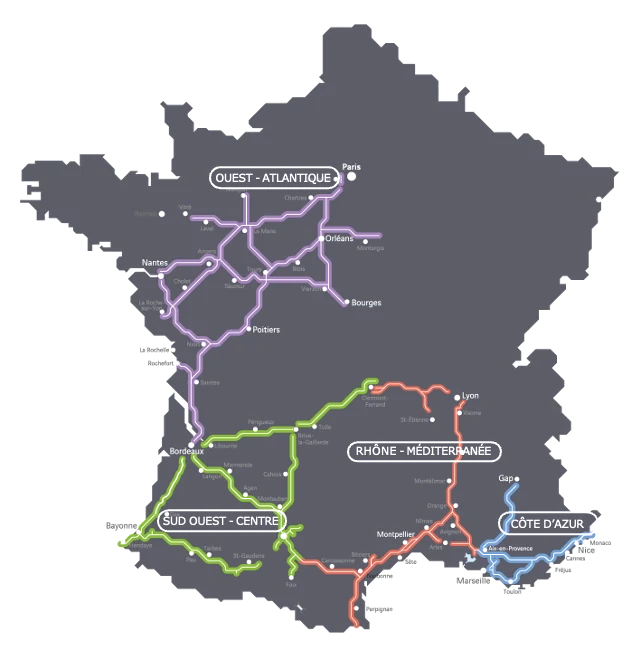 Carte du réseau VINCI Autoroutes : Ouest-Atlantique, Sud Ouest-Centre, Rhône-Méditerranée, Côte d’Azur